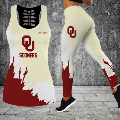 [TOUCHDOWN DEAL] NEW CUSTOMIZED NCAA FBS31 OUS OKLAHOMA SOONERS HOLLOW TANK TOP & LEGGINGS SET