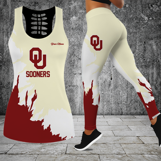 [TOUCHDOWN DEAL] NEW CUSTOMIZED NCAA FBS31 OUS OKLAHOMA SOONERS HOLLOW TANK TOP & LEGGINGS SET