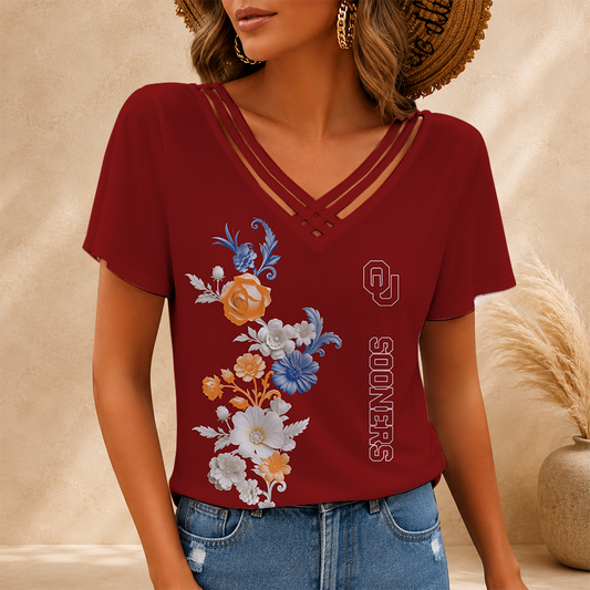 [TOUCHDOWN DEAL] NEW CUSTOMIZED NCAA FBS31 OUS OKLAHOMA SOONERS V-NECK SHIRT