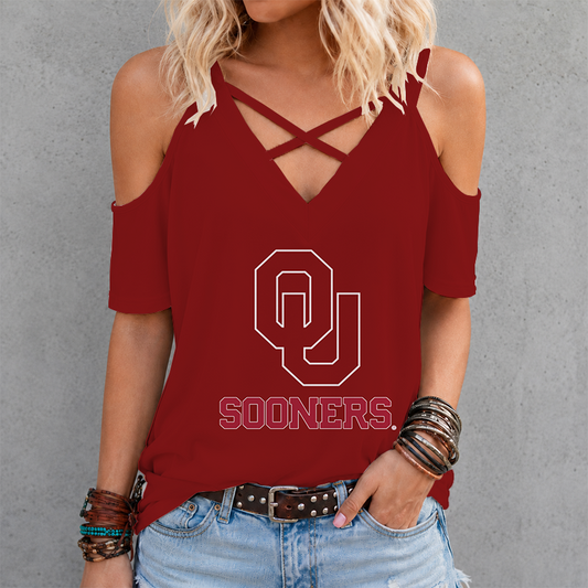 [TOUCHDOWN DEAL] NEW CUSTOMIZED NCAA FBS31 OUS OKLAHOMA SOONERS CRISS CROSS V-NECK TOP