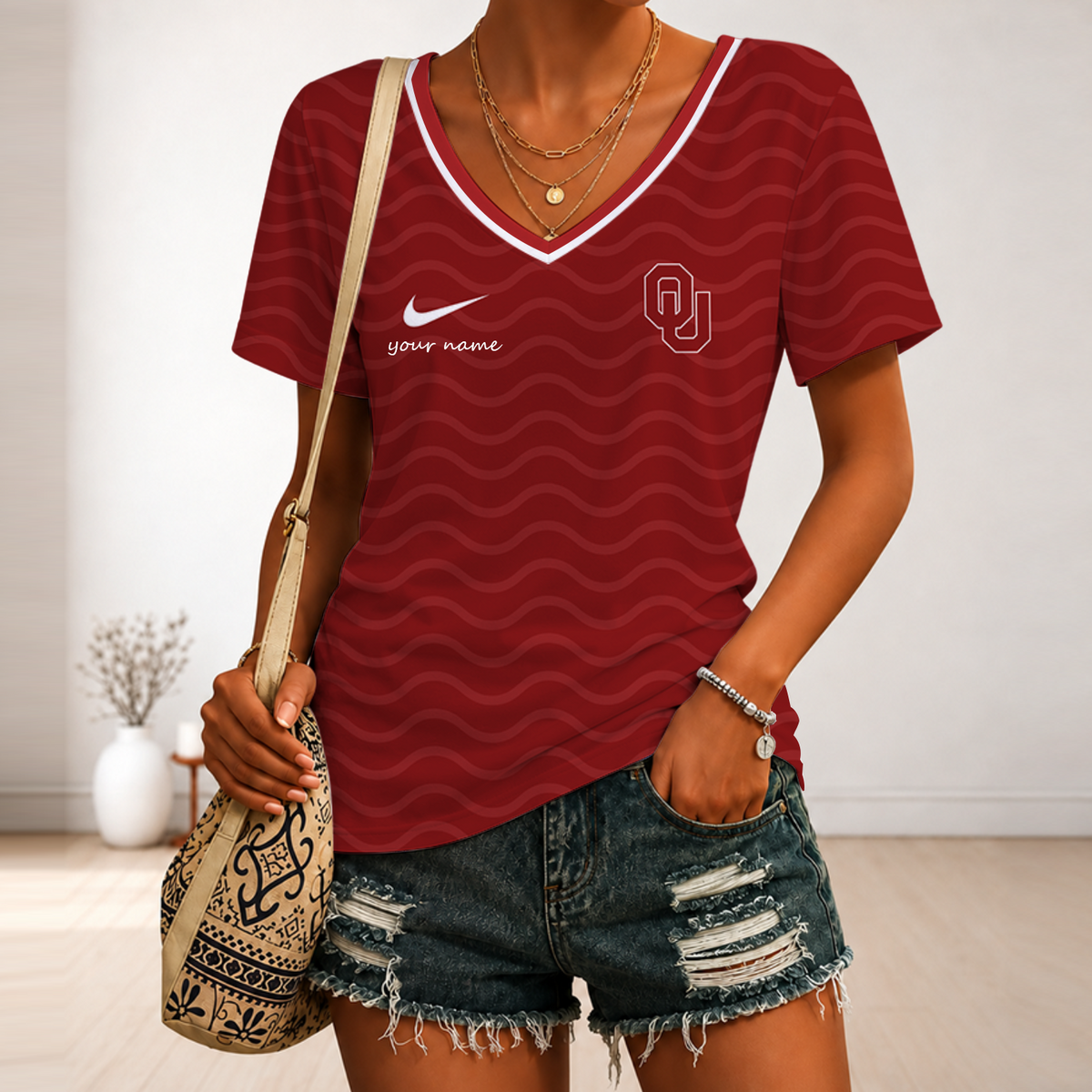 [TOUCHDOWN DEAL]NEW CUSTOMIZED NCAA FBS31 OUS OKLAHOMA SOONERS V-NECK FEMALE SHIRT