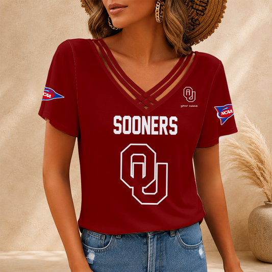 [TOUCHDOWN DEAL] NEW CUSTOMIZED NCAA FBS31 OUS OKLAHOMA SOONERS V-NECK SHIRT