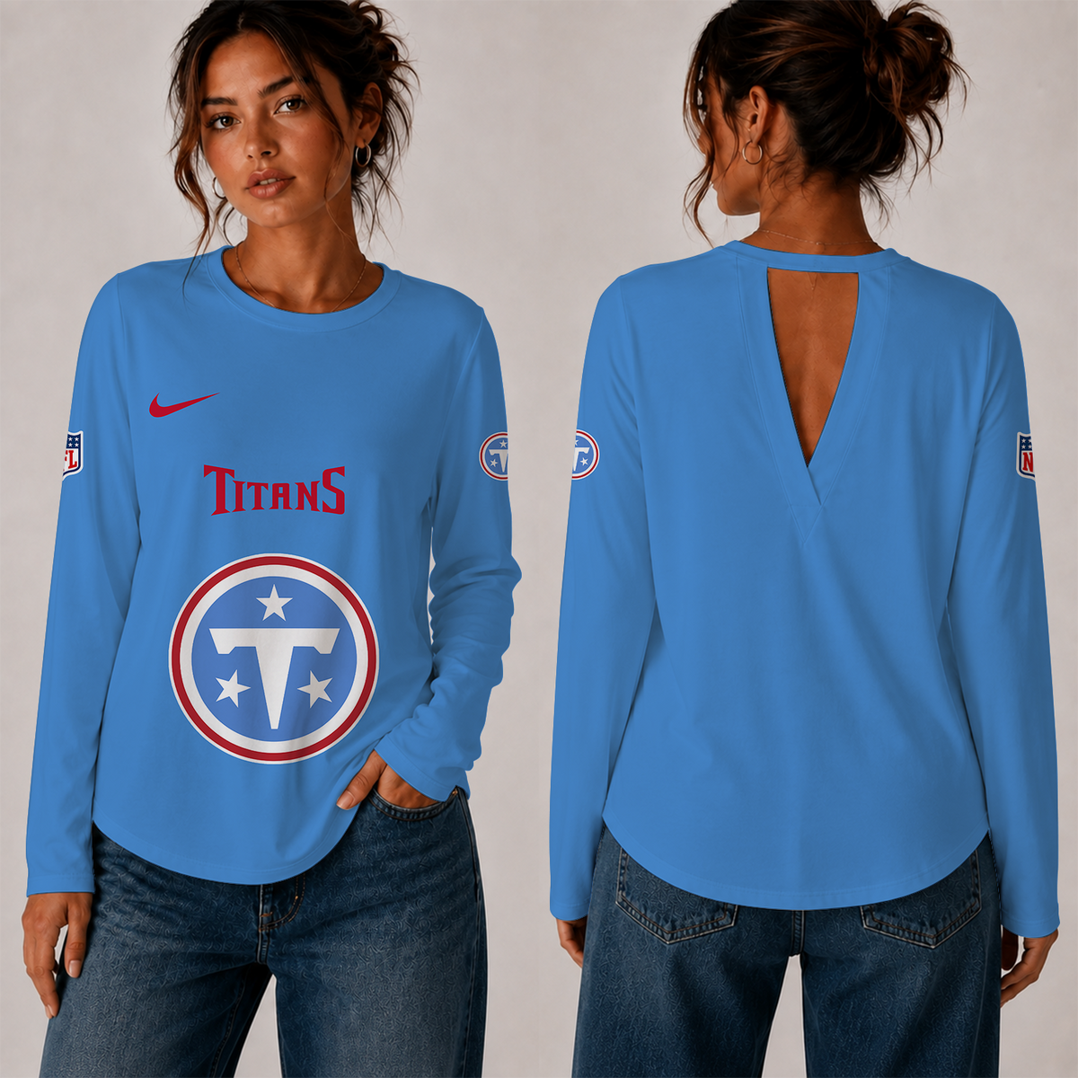 [TOUCHDOWN DEAL] NEW CUSTOMIZED NFL31 TST THE TITANS WOMEN'S BACK V-CUT LONG-SLEEVE SHIRT