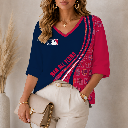 [HOMERUN DEAL] NEW CUSTOMIZED MLB32 MLB ALL TEAMS WOMEN'S HEART V-NECK LONG SLEEVE SHIRT