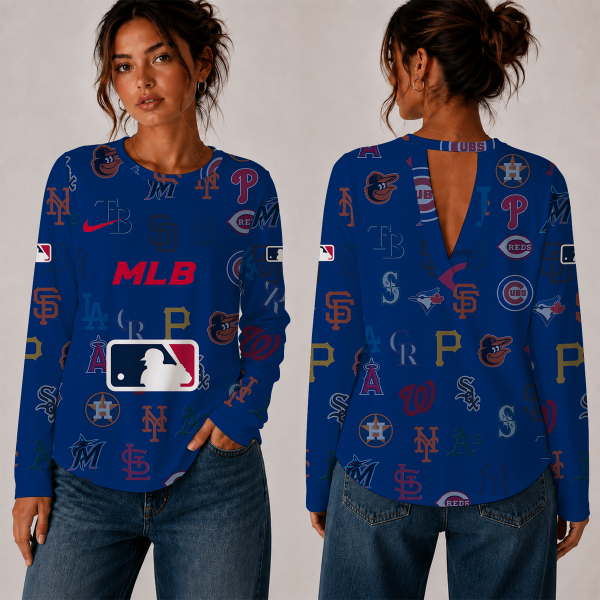 [HOMERUN DEAL] NEW CUSTOMIZED MLB32 ALL TEAMS WOMEN'S BACK V-CUT LONG-SLEEVE SHIRT