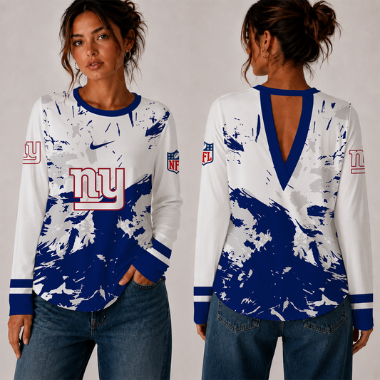 [TOUCHDOWN DEAL] NEW CUSTOMIZED NFL32 NYG NEW YORK GIANTS WOMEN'S BACK V-CUT LONG-SLEEVE SHIRT