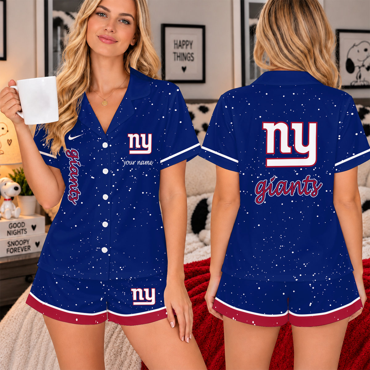 [TOUCHDOWN DEAL] NEW CUSTOMIZED NFL32 NYG THE GIANTS WOMEN'S V-NECK SHORT PAJAMAS SET