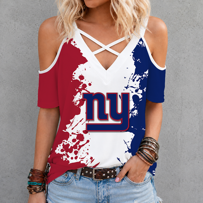 [TOUCHDOWN DEAL] NEW CUSTOMIZED NFL32 NYG NEW YORK GIANTS CRISS CROSS V-NECK TOP