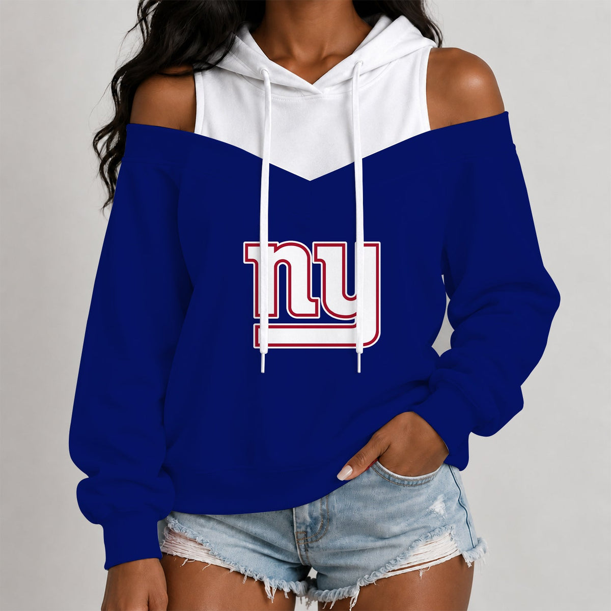 [TOUCHDOWN DEAL] NEW CUSTOMIZED NFL32 NYG THE GIANTS WOMEN'S OFF-SHOULDER HOODIE