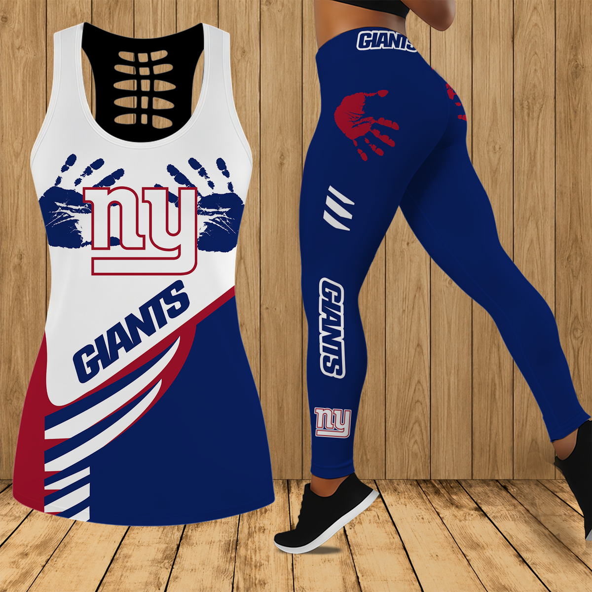 [TOUCHDOWN DEAL] NEW CUSTOMIZED NFL32 NYG NEW YORK GIANTS HOLLOW TANK TOP & LEGGINGS SET