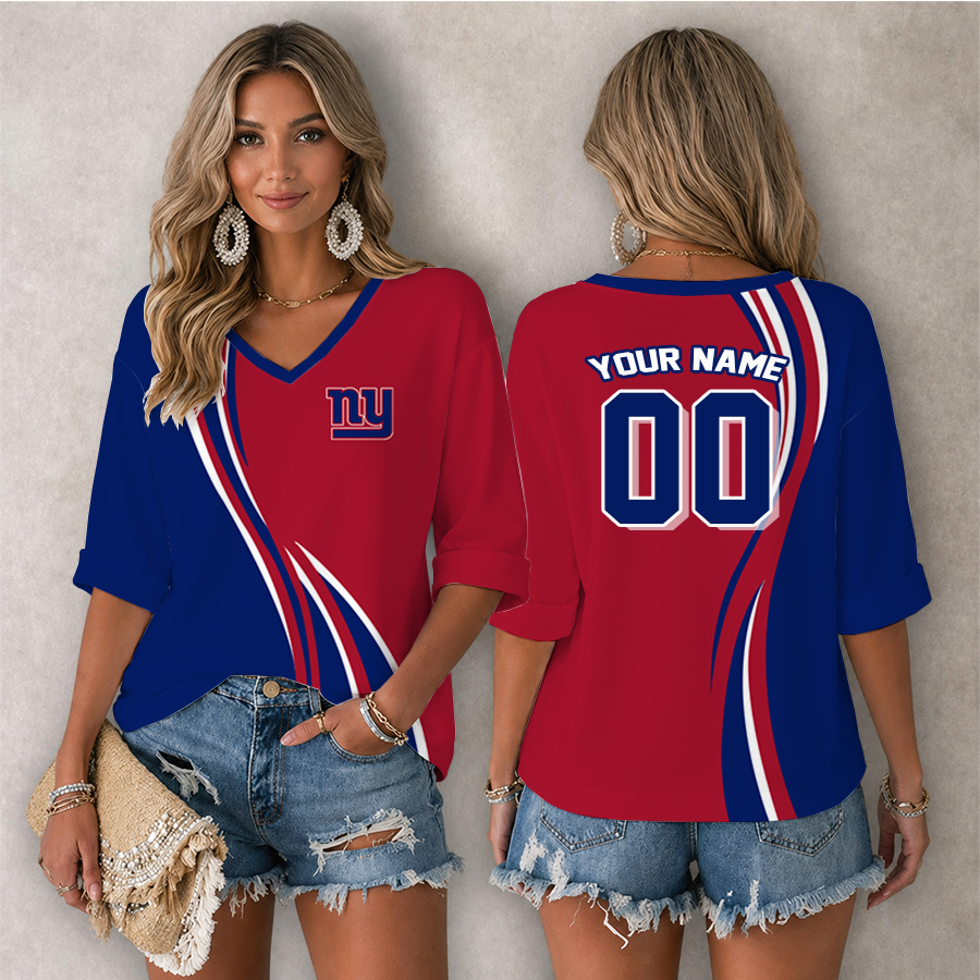 [SPECIAL OFFER] NEW CUSTOMIZED NFL32 NYG NEW YORK GIANTS WOMEN'S HEART V-NECK LONG SLEEVE SHIRT
