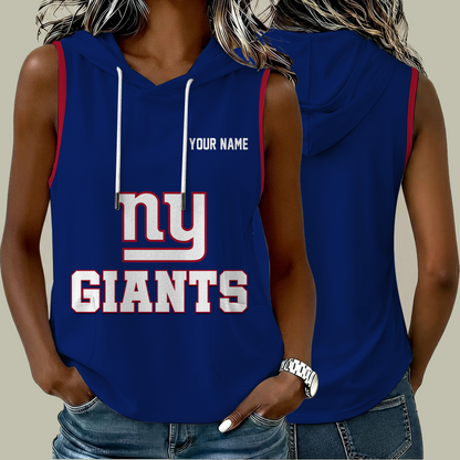[TOUCHDOWN DEAL] NEW CUSTOMIZED NFL32 NYG NEW YORK GIANTS WOMEN'S SLEEVELESS HOODED POCKET TANK TOP