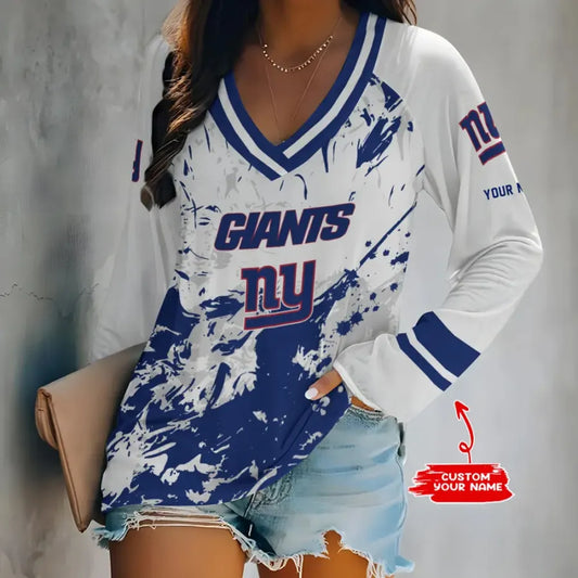 [TOUCHDOWN DEAL] NEW CUSTOMIZED NFL32 NYG NEW YORK GIANTS WOMEN'S V-NECK LONG SLEEVED SHIRT