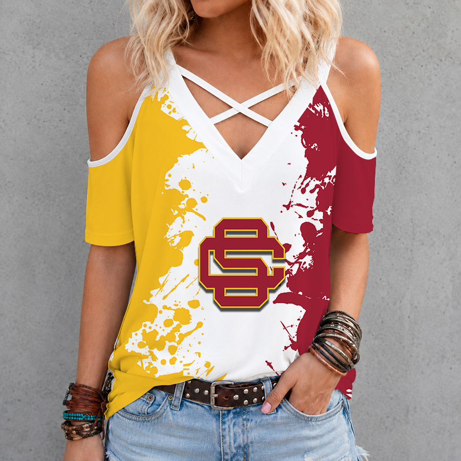 [TOUCHDOWN DEAL]NEW CUSTOMIZED NCAA FBS32 USC USC TROJANS CRISS CROSS V-NECK TOP