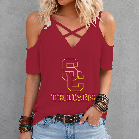[TOUCHDOWN DEAL] NEW CUSTOMIZED NCAA FBS32 USC USC TROJANS CRISS CROSS V-NECK TOP
