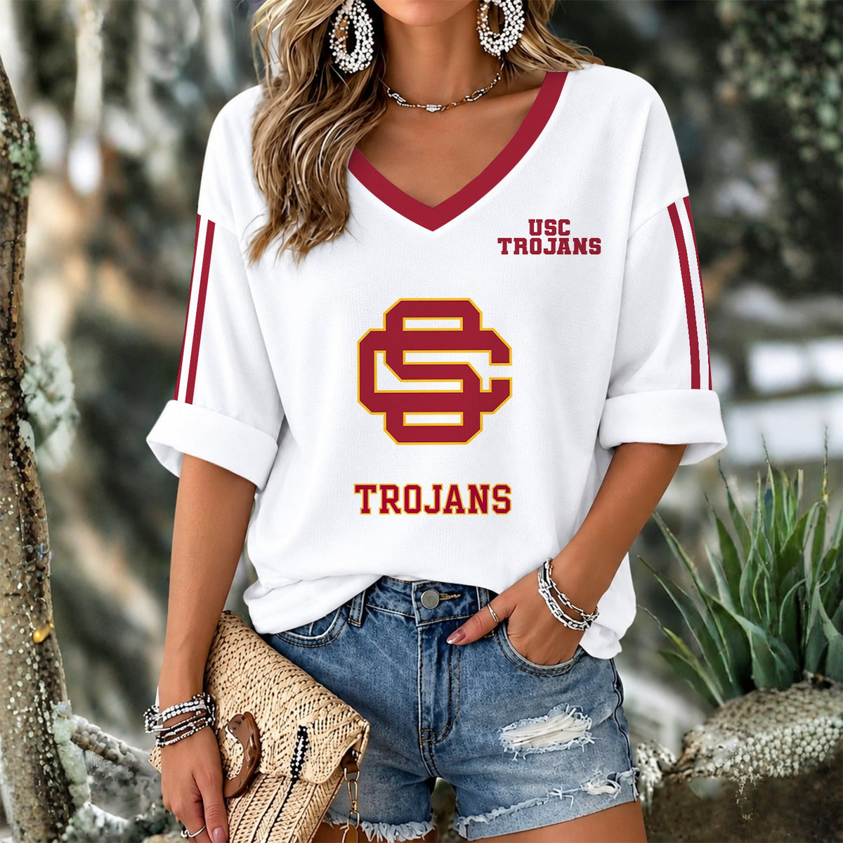 [TOUCHDOWN DEAL] NEW CUSTOMIZED NCAA FBS32 USC USC TROJANS WOMEN'S V-NECK LONG SLEEVE SHIRT