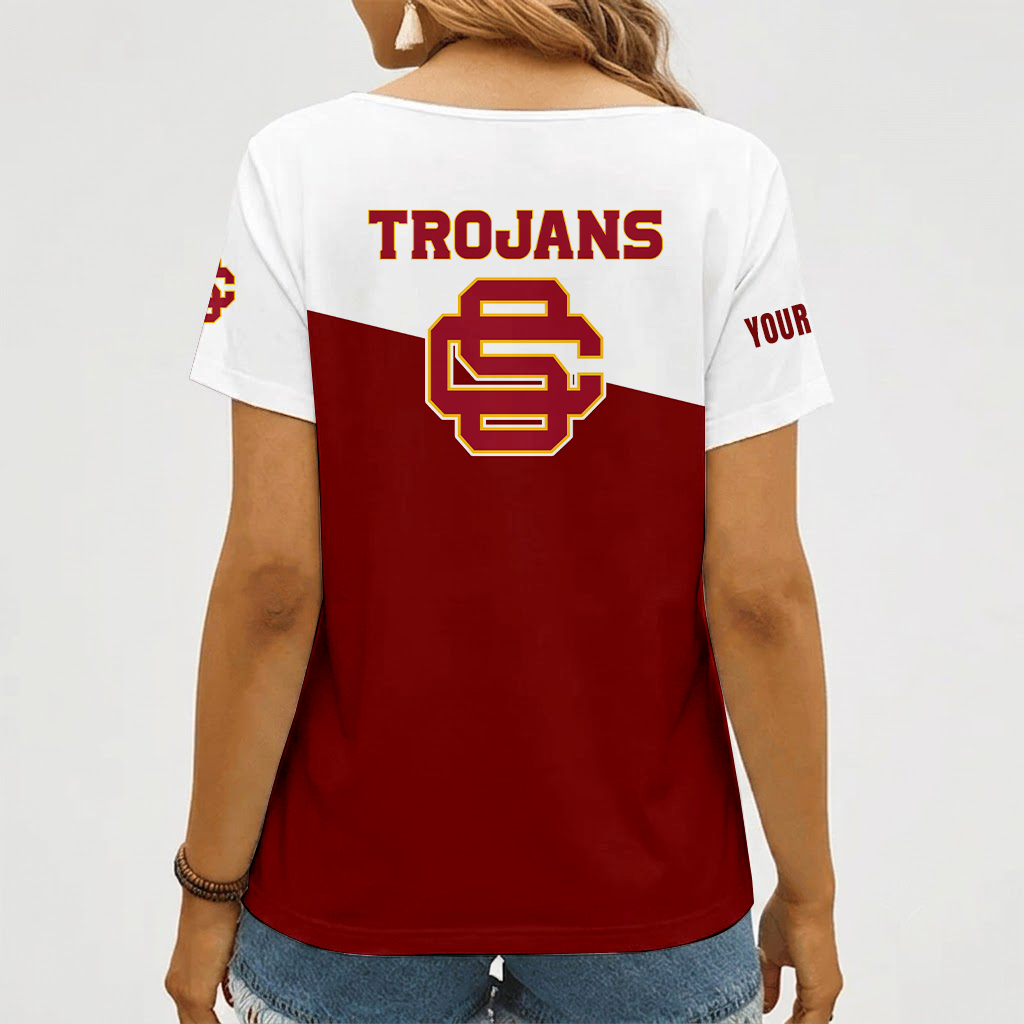 [FAN FAVORITE] NEW CUSTOMIZED NCAA FBS32 USC USC TROJANS V-NECK FEMALE SHIRT