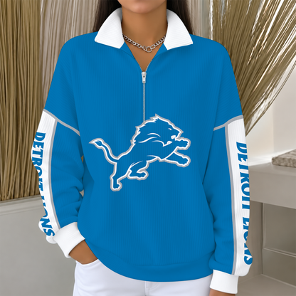 [TOUCHDOWN DEAL] NEW CUSTOMIZED NFL04 DTL DETROIT LIONS QUARTER ZIP RIBBED SWEATER