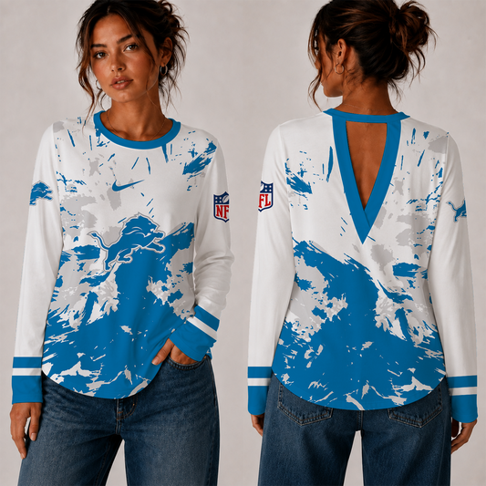 [TOUCHDOWN DEAL] NEW CUSTOMIZED NFL04 DTL DETROIT LIONS WOMEN'S BACK V-CUT LONG-SLEEVE SHIRT