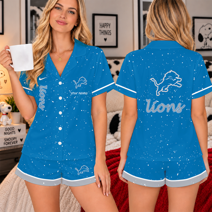 [TOUCHDOWN DEAL] NEW CUSTOMIZED NFL04 DTL THE LIONS WOMEN'S V-NECK SHORT PAJAMAS SET