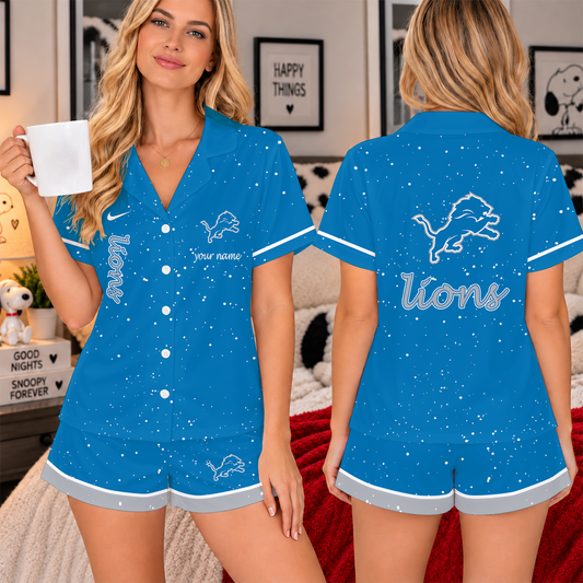 [TOUCHDOWN DEAL] NEW CUSTOMIZED NFL04 DTL THE LIONS WOMEN'S V-NECK SHORT PAJAMAS SET