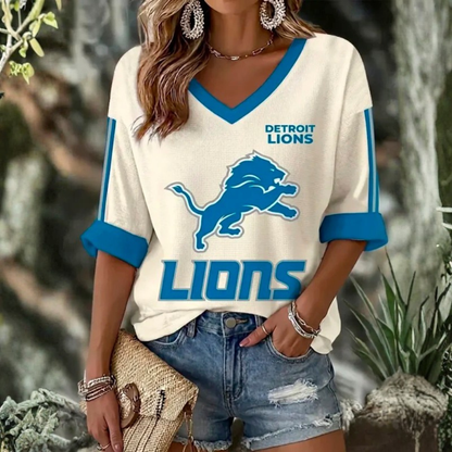 [TOUCHDOWN DEAL] NEW CUSTOMIZED NFL04 DTL DETROIT LIONS WOMEN'S HEART V-NECK LONG SLEEVE SHIRT