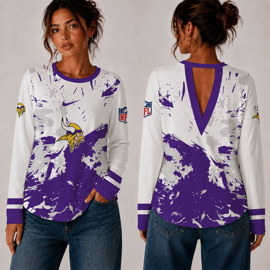 [TOUCHDOWN DEAL] NEW CUSTOMIZED NFL05 MVK MINNESOTA VIKINGS WOMEN'S BACK V-CUT LONG-SLEEVE SHIRT