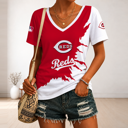 [HOMERUN DEAL] NEW CUSTOMIZED MLB05 CRS CINCINNATI REDS V-NECK FEMALE SHIRT