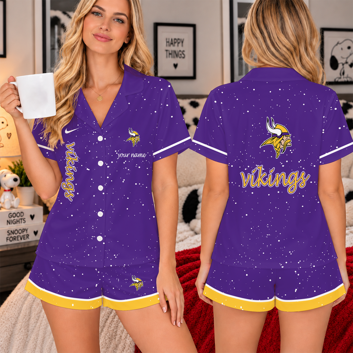 [TOUCHDOWN DEAL] NEW CUSTOMIZED NFL05 MVK THE VIKINGS WOMEN'S V-NECK SHORT PAJAMAS SET