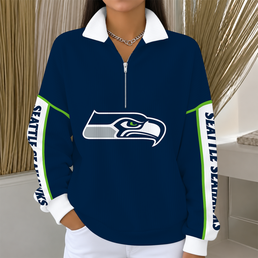[TOUCHDOWN DEAL] NEW CUSTOMIZED NFL06 SSH SEATTLE SEAHAWKS QUARTER ZIP RIBBED SWEATER