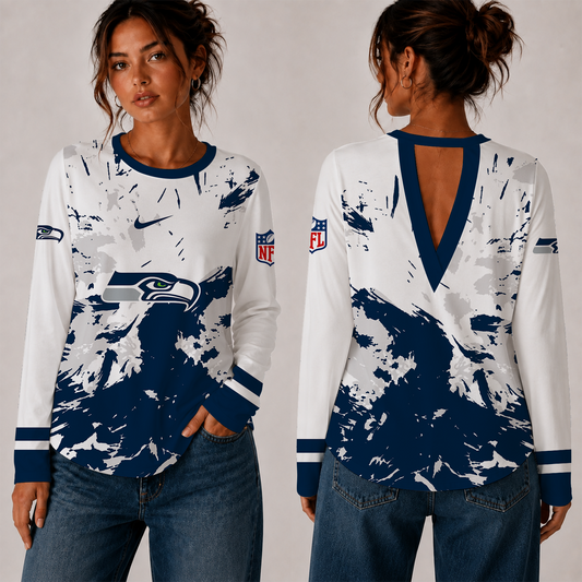 [TOUCHDOWN DEAL] NEW CUSTOMIZED NFL06 SSH SEATTLE SEAHAWKS WOMEN'S BACK V-CUT LONG-SLEEVE SHIRT