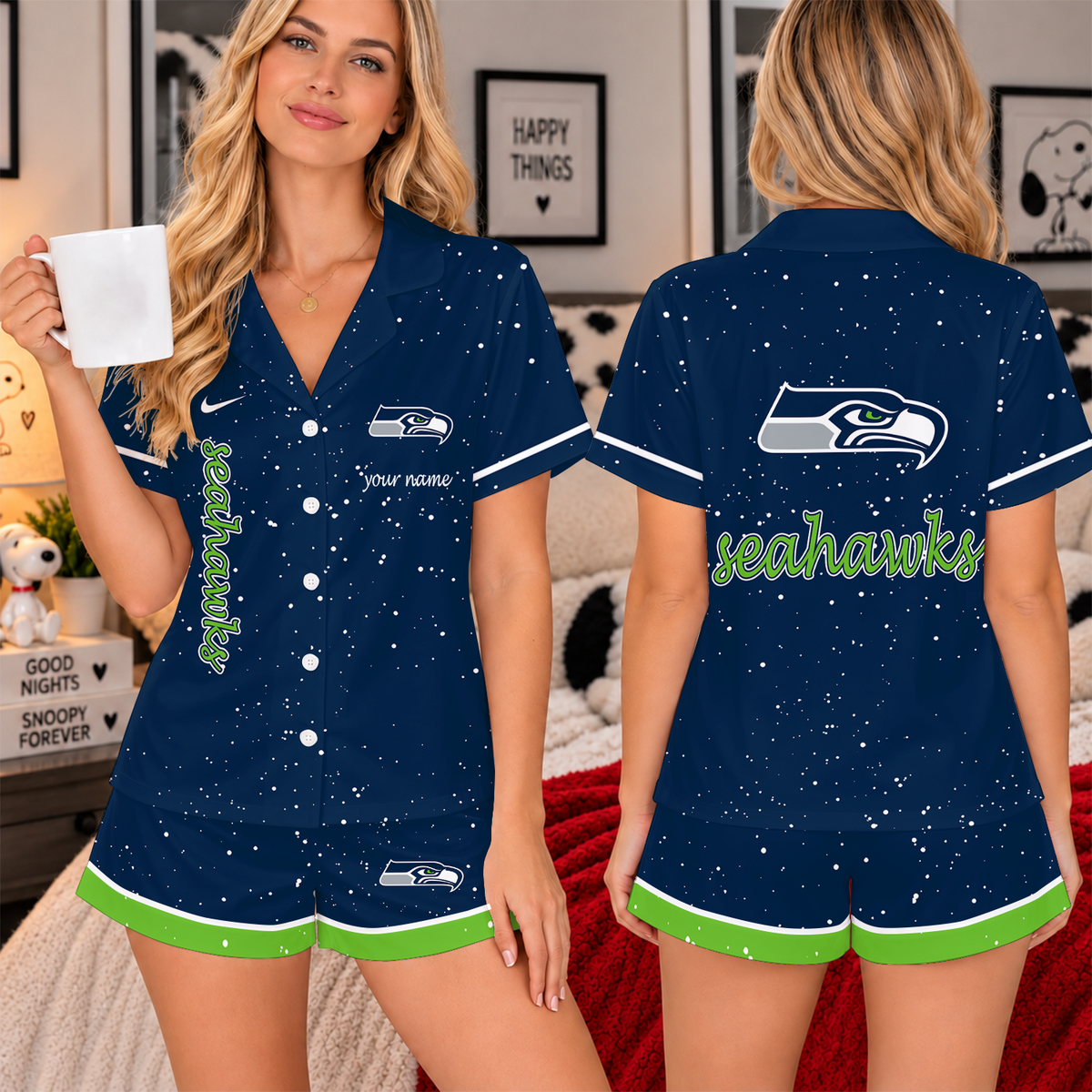 [TOUCHDOWN DEAL] NEW CUSTOMIZED NFL06 SSH THE SEAHAWKS WOMEN'S V-NECK SHORT PAJAMAS SET