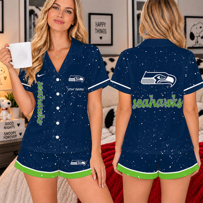[TOUCHDOWN DEAL] NEW CUSTOMIZED NFL06 SSH THE SEAHAWKS WOMEN'S V-NECK SHORT PAJAMAS SET