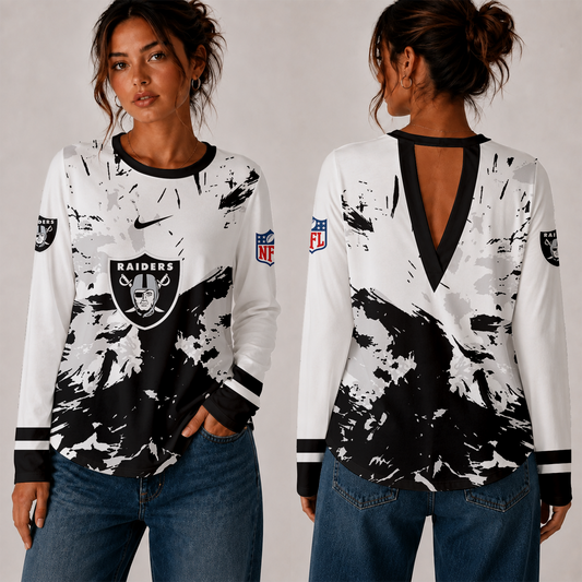 [TOUCHDOWN DEAL] NEW CUSTOMIZED NFL07 LVR LAS VEGAS RAIDERS WOMEN'S BACK V-CUT LONG-SLEEVE SHIRT