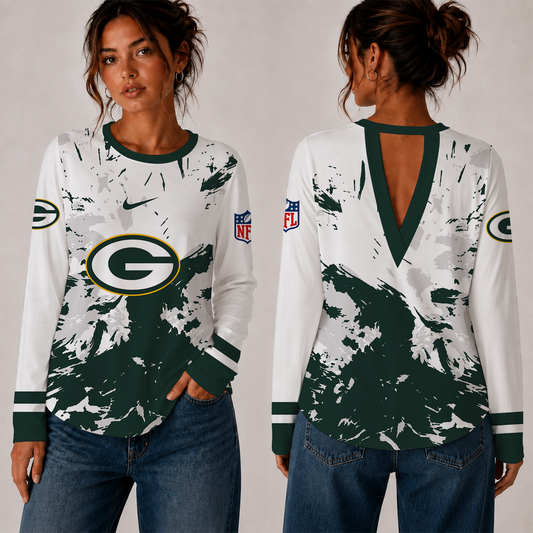 [TOUCHDOWN DEAL] NEW CUSTOMIZED NFL08 GBP GREEN BAY PACKERS WOMEN'S BACK V-CUT LONG-SLEEVE SHIRT