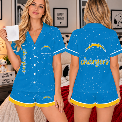 [TOUCHDOWN DEAL] NEW CUSTOMIZED NFL09 LAC THE CHARGERS WOMEN'S V-NECK SHORT PAJAMAS SET