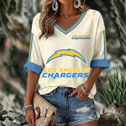 [TOUCHDOWN DEAL] NEW CUSTOMIZED NFL09 LAC LOS ANGELES CHARGERS WOMEN'S HEART V-NECK LONG SLEEVE SHIRT