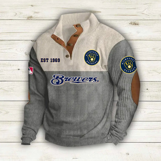 [HOMERUN DEAL] NEW CUSTOMIZED MLB15 MBS MILWAUKEE BREWERS BUTTON SWEATSHIRTS STAND COLLAR